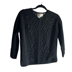 Vintage Riviera 100% Wool Cardigan Sweater SZ 10 Black Lined Beaded Formal